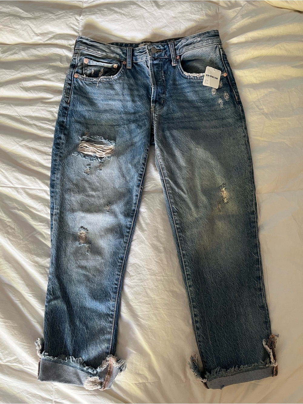 Free People Distressed Relaxed Jeans - Washed Blue Denim NWT